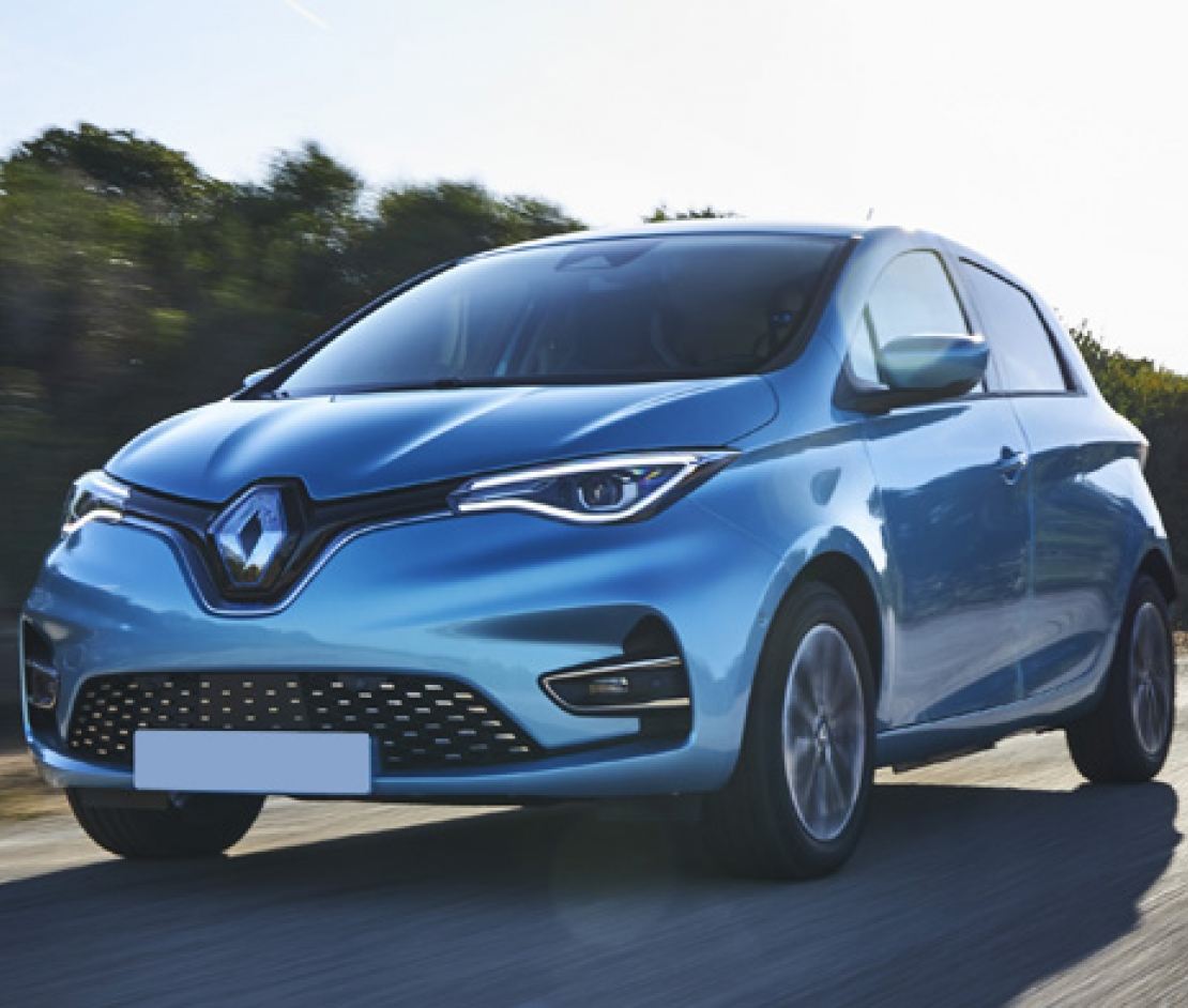 Renault Zoe in blue driving on the road