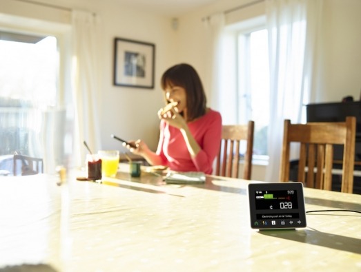 Lady at the kitchen table with smart meter in the foreground