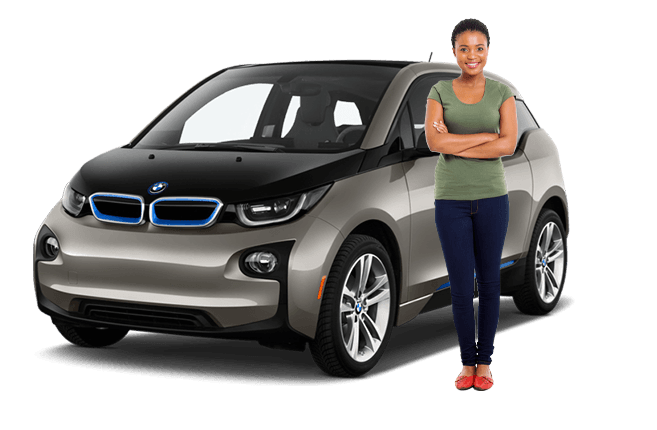 Woman standing in front of a parked BMW i3