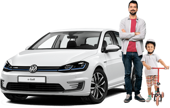 Man with his son standing in front of a VW e-Golf electric car