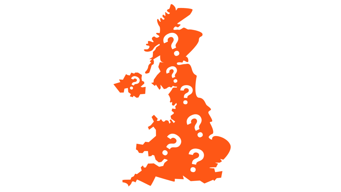 Questions marks dotted around a map of the UK